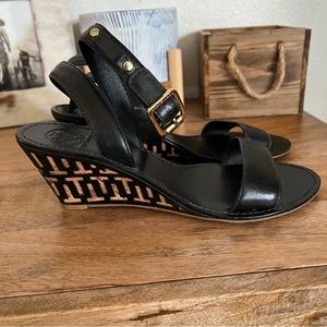 Tory Burch Women's 4726 Black Leather Wedge Heels  Size 10.5 M